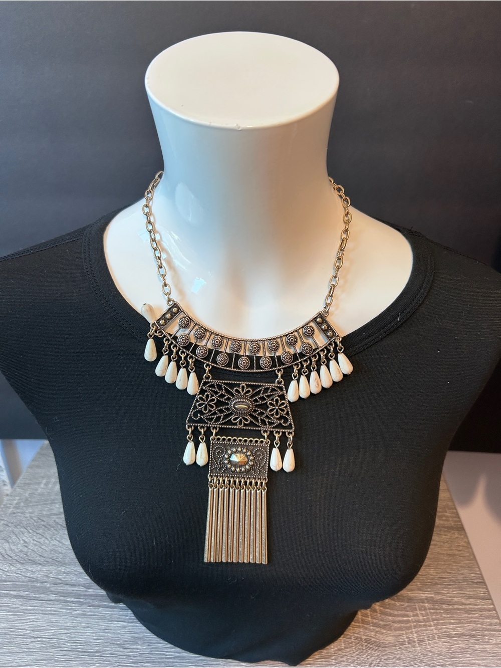 Boho Statement Necklace with White Teardrop Accents